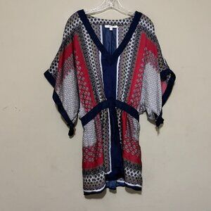 AnM Navy Blue Red Burgundy White Silky Geometric Boho Kimono Top – Size Small